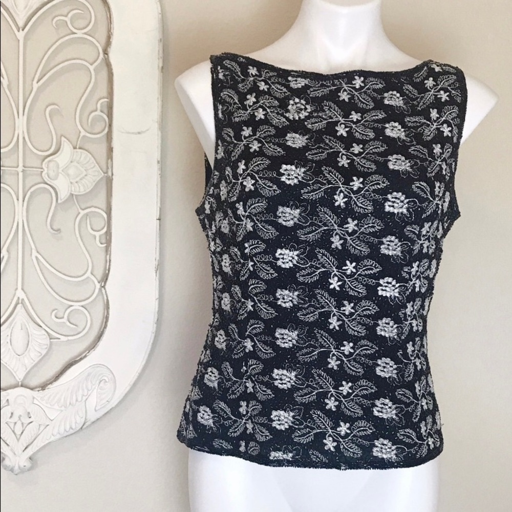 Laurence Kazar | Black White Floral Beaded Top XL